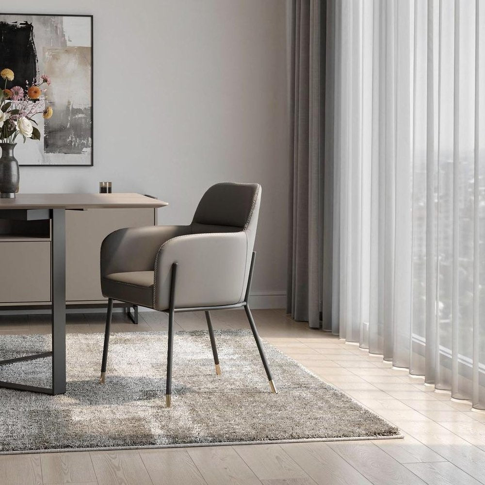 Light Gray And Black Faux Leather And Steel Dining Arm Chair HomeRoots