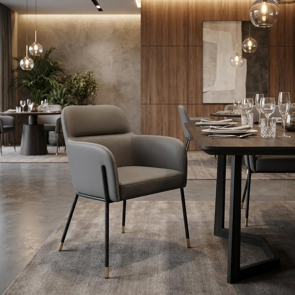Light Gray And Black Faux Leather And Steel Dining Arm Chair — view 10