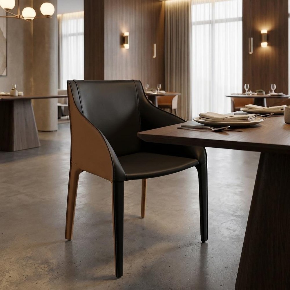 Black And Brown Faux Leather And Steel Dining Arm Chair — view 1