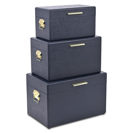 Set of Three Navy Blue Wood Hand Painted Decorative Box HomeRoots