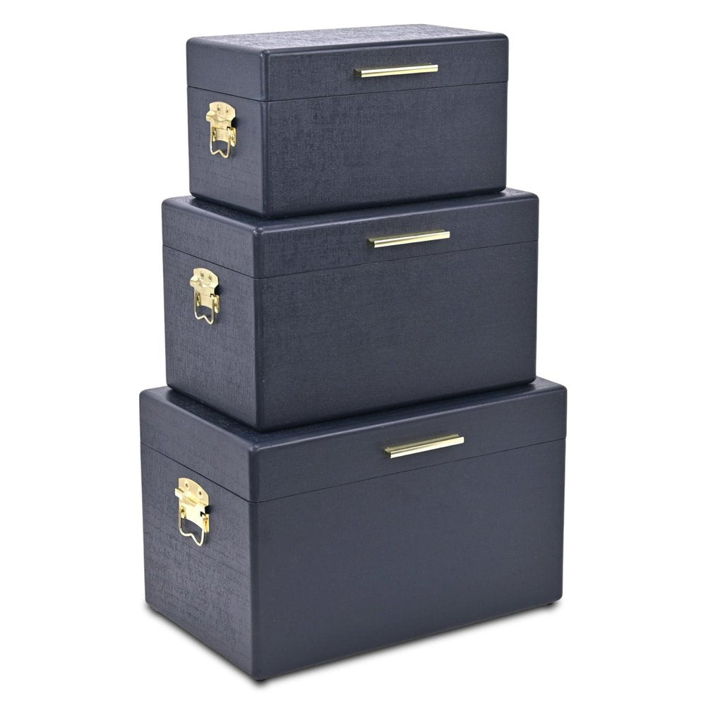 Set of Three Navy Blue Wood Hand Painted Decorative Box HomeRoots