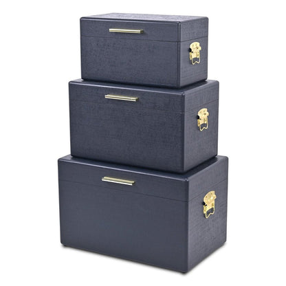 Set of Three Navy Blue Wood Hand Painted Decorative Box HomeRoots