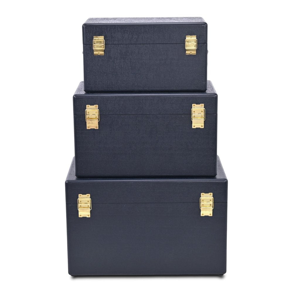 Set of Three Navy Blue Wood Hand Painted Decorative Box HomeRoots