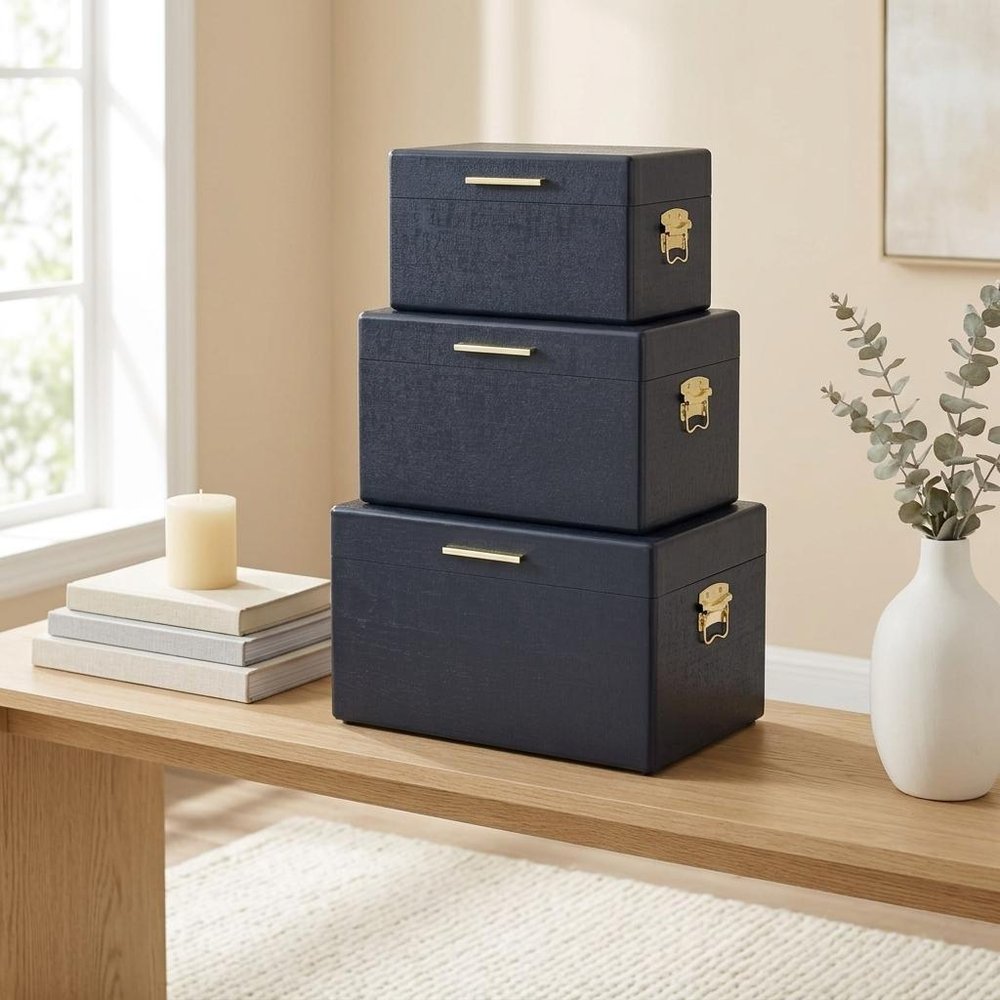 Set of Three Navy Blue Wood Hand Painted Decorative Box HomeRoots