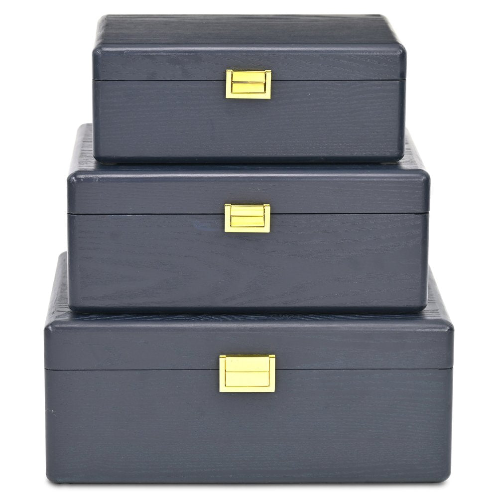 Set of Three Navy Blue Wood Hand Painted Decorative Box HomeRoots