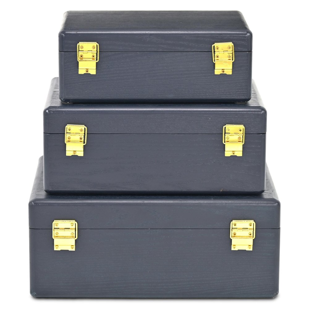 Set of Three Navy Blue Wood Hand Painted Decorative Box HomeRoots