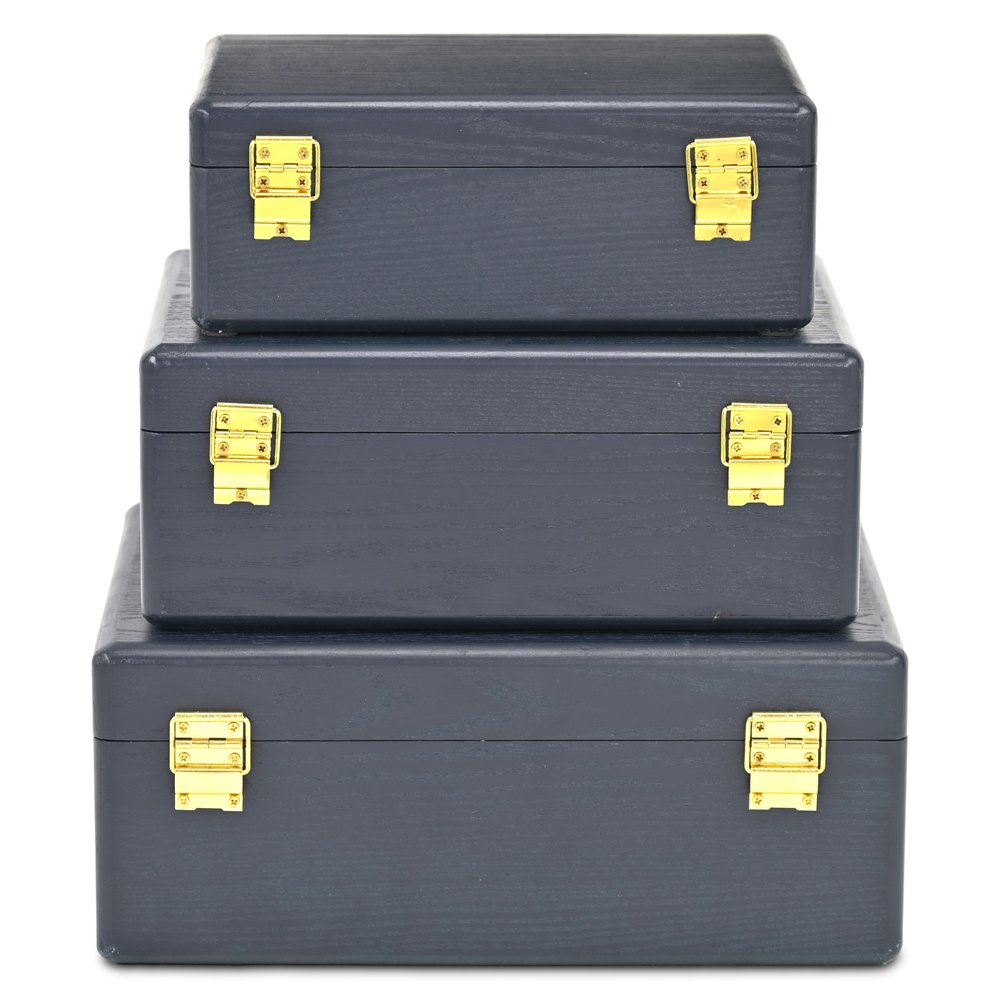 Set of Three Navy Blue Wood Hand Painted Decorative Box HomeRoots