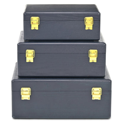 Set of Three Navy Blue Wood Hand Painted Decorative Box HomeRoots