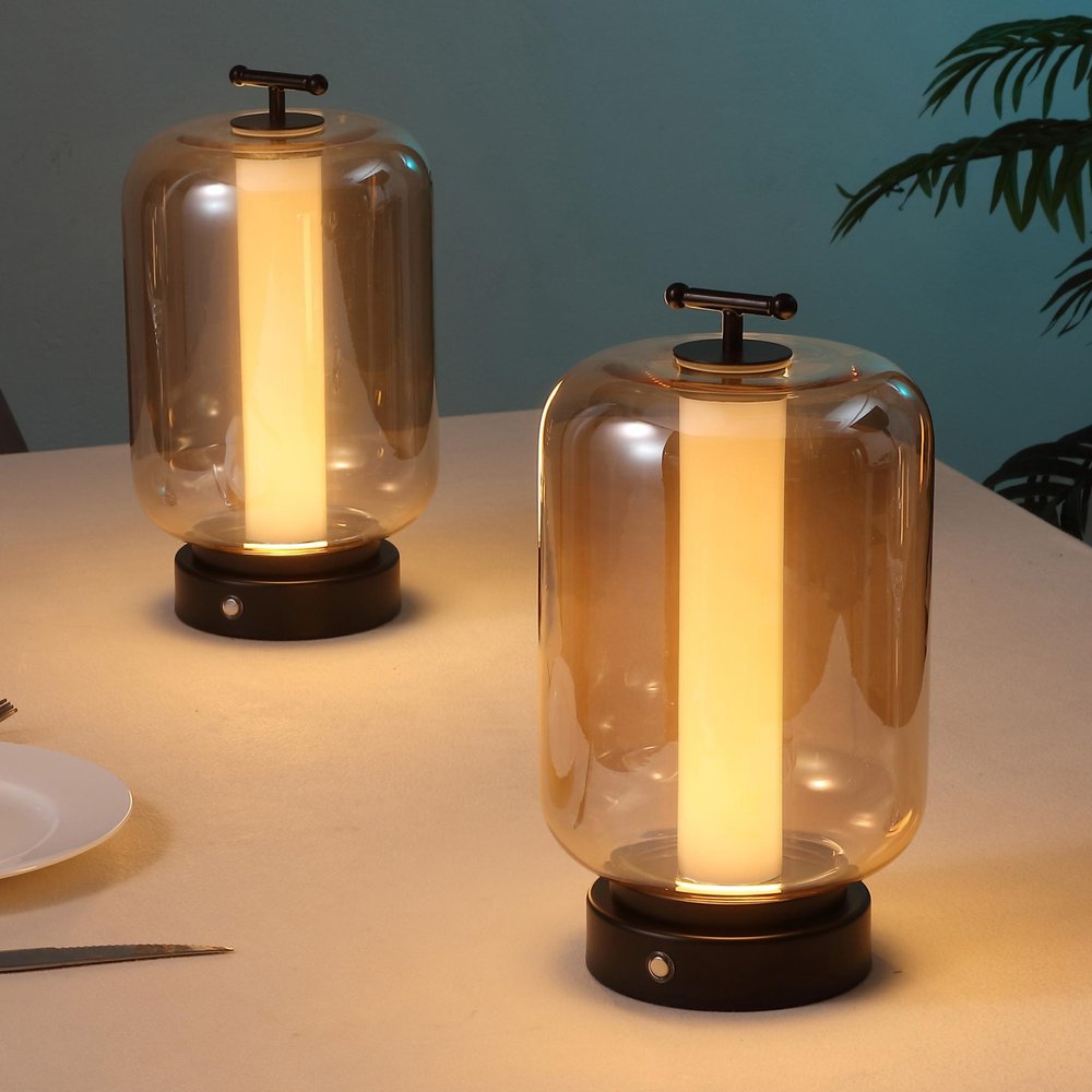 Set of Two 11" Black Lantern USB Table Lamps — view 1