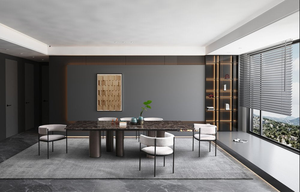 108" Brown And Black Marble And Stainless Steel Dining Table HomeRoots