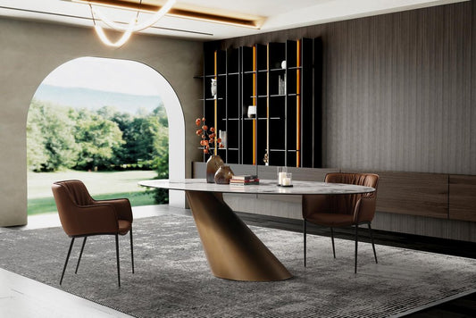 94" Gold Gray White And Bronze Ceramic Glass And Steel Pedestal Base Oval Dining Table