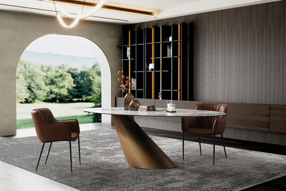 94" Gold Gray White And Bronze Ceramic Glass And Steel Pedestal Base Oval Dining Table HomeRoots