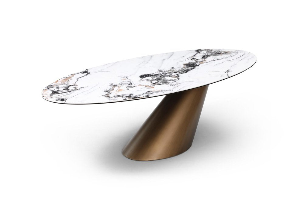94" Gold Gray White And Bronze Ceramic Glass And Steel Pedestal Base Oval Dining Table — view 3