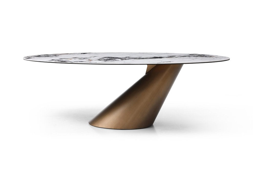 94" Gold Gray White And Bronze Ceramic Glass And Steel Pedestal Base Oval Dining Table — view 3
