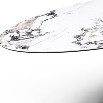 94" Gold Gray White And Bronze Ceramic Glass And Steel Pedestal Base Oval Dining Table HomeRoots