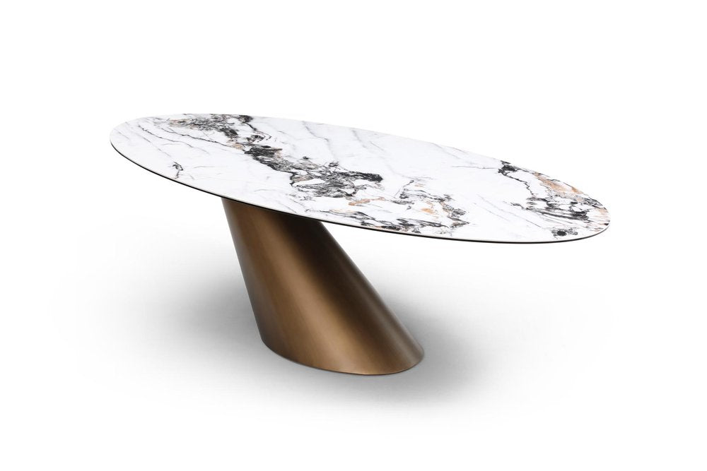 94" Gold Gray White And Bronze Ceramic Glass And Steel Pedestal Base Oval Dining Table HomeRoots