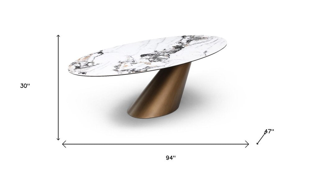 94" Gold Gray White And Bronze Ceramic Glass And Steel Pedestal Base Oval Dining Table HomeRoots