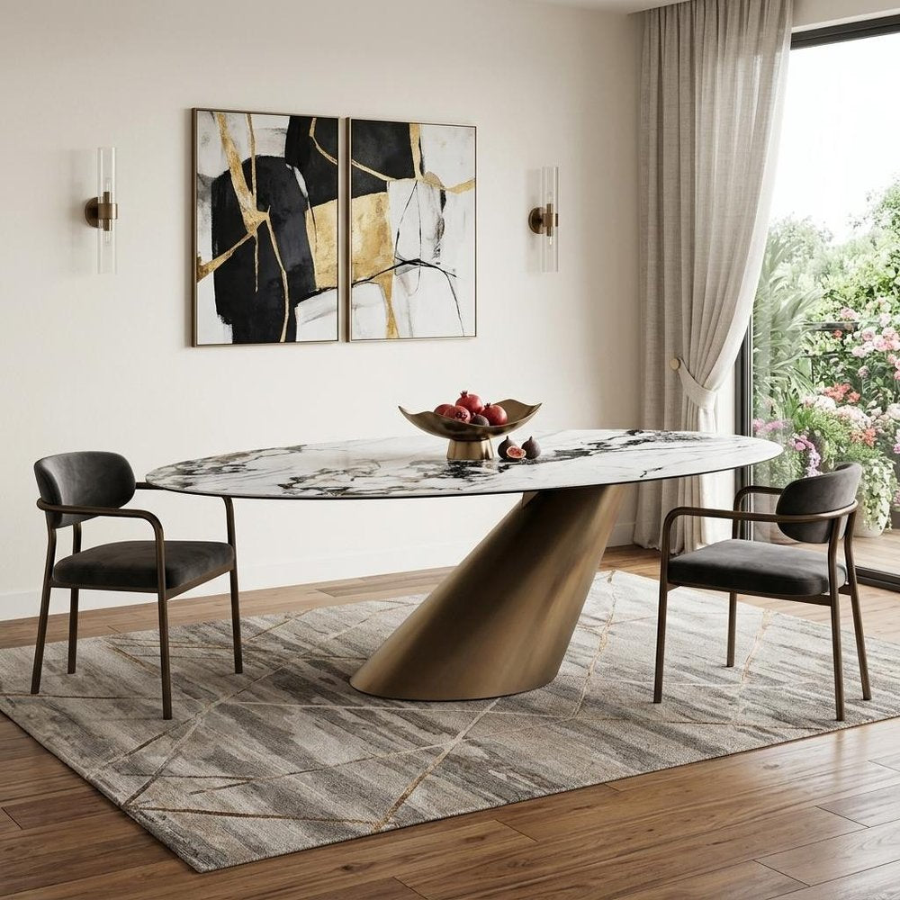 94" Gold Gray White And Bronze Ceramic Glass And Steel Pedestal Base Oval Dining Table HomeRoots