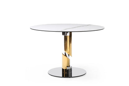 47" White Gold And Silver Ceramic Glass And Stainless Steel Pedestal Base Round Top Dining Table HomeRoots