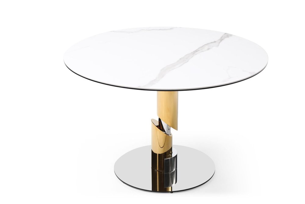 47" White Gold And Silver Ceramic Glass And Stainless Steel Pedestal Base Round Top Dining Table — view 3