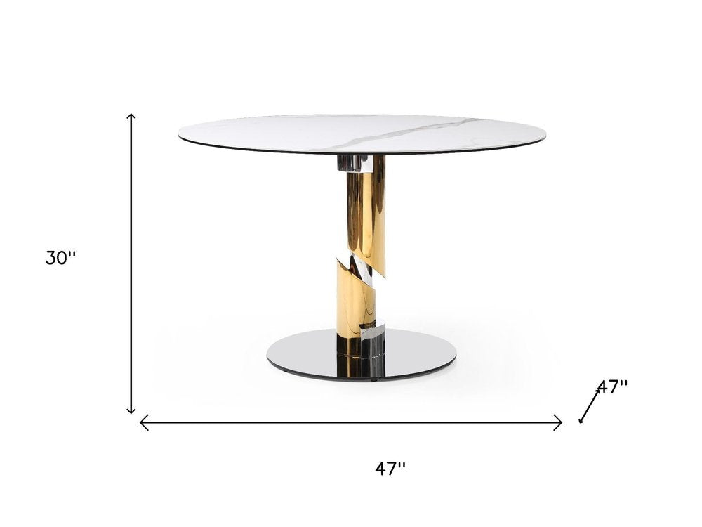 47" White Gold And Silver Ceramic Glass And Stainless Steel Pedestal Base Round Top Dining Table HomeRoots