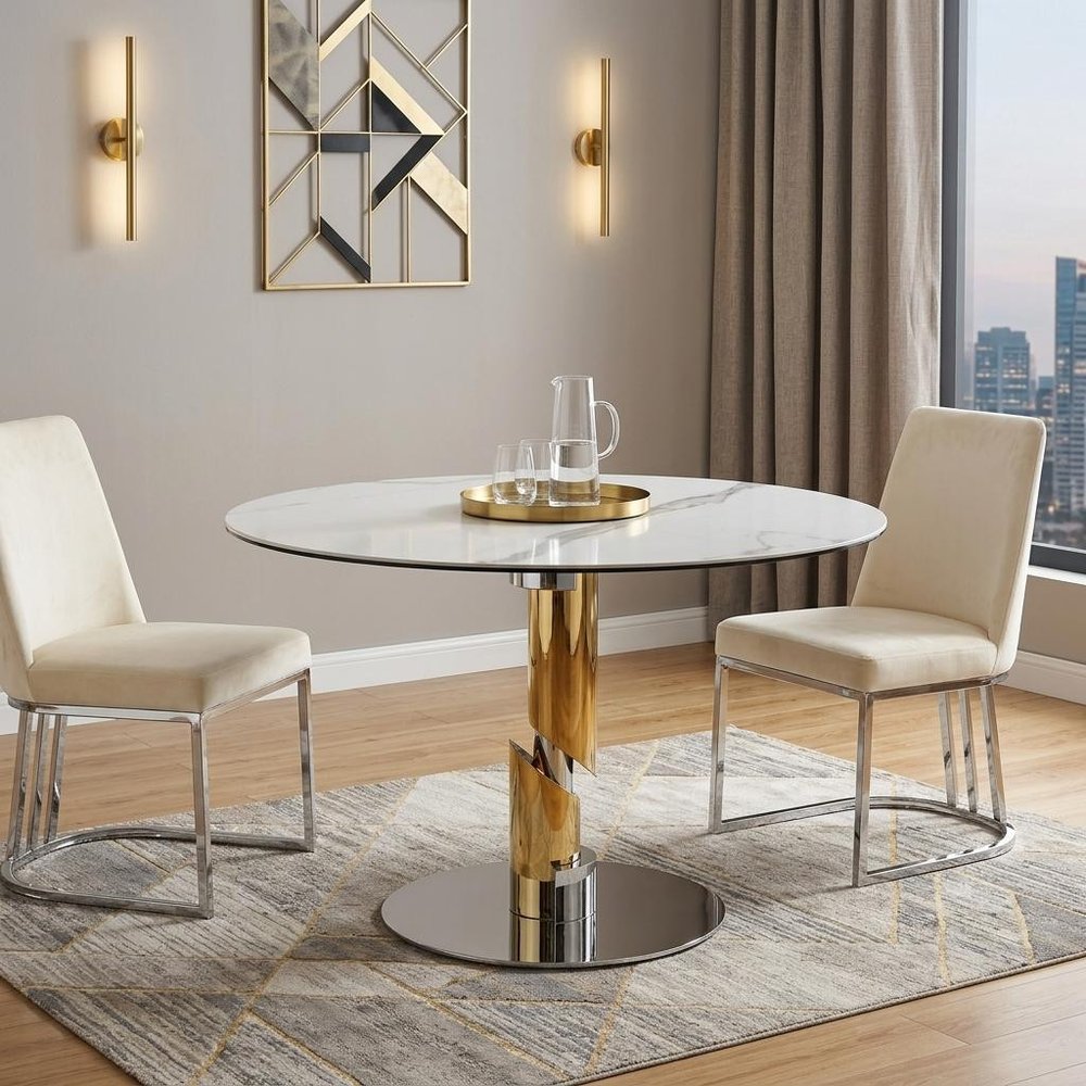 47" White Gold And Silver Ceramic Glass And Stainless Steel Pedestal Base Round Top Dining Table — view 1