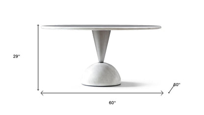 60" White And Black Marble And Stainless Steel Pedestal Base Round Top Dining Table HomeRoots