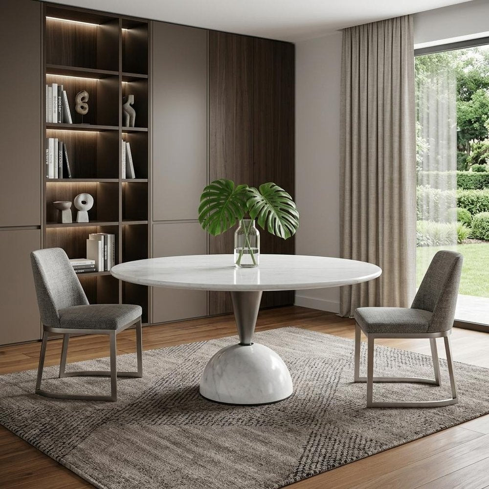 60" White And Black Marble And Stainless Steel Pedestal Base Round Top Dining Table HomeRoots