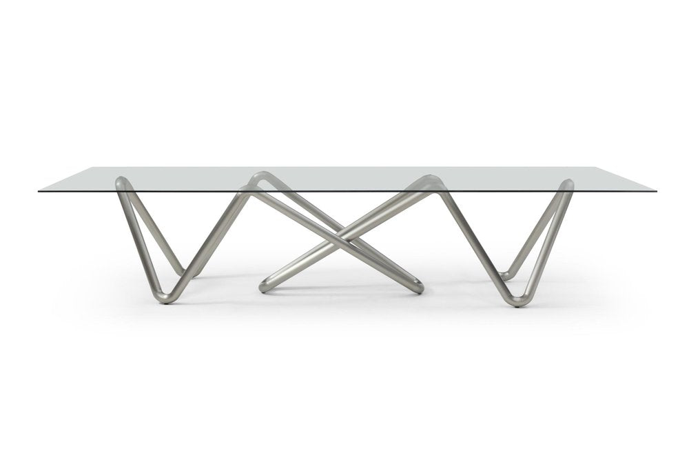 142" Clear And Nickel Glass And Stainless Steel Abstract Base Dining Table — view 2