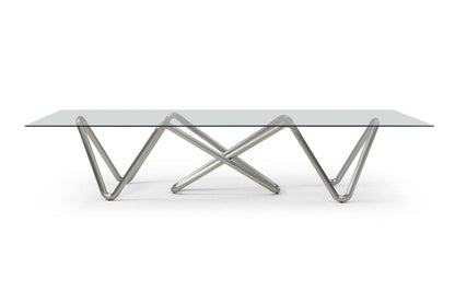 142" Clear And Nickel Glass And Stainless Steel Abstract Base Dining Table HomeRoots
