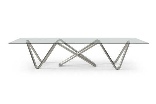142" Clear And Nickel Glass And Stainless Steel Abstract Base Dining Table
