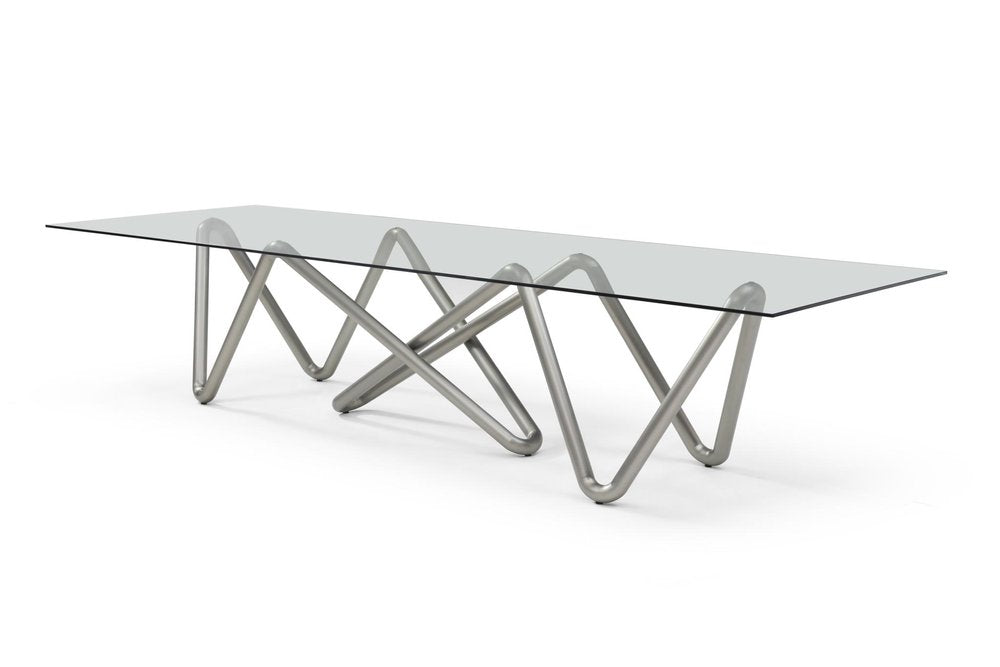 142" Clear And Nickel Glass And Stainless Steel Abstract Base Dining Table — view 3