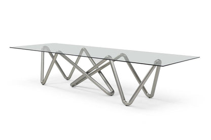 142" Clear And Nickel Glass And Stainless Steel Abstract Base Dining Table HomeRoots
