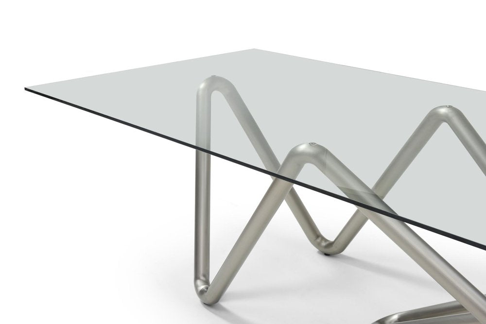 142" Clear And Nickel Glass And Stainless Steel Abstract Base Dining Table — view 5