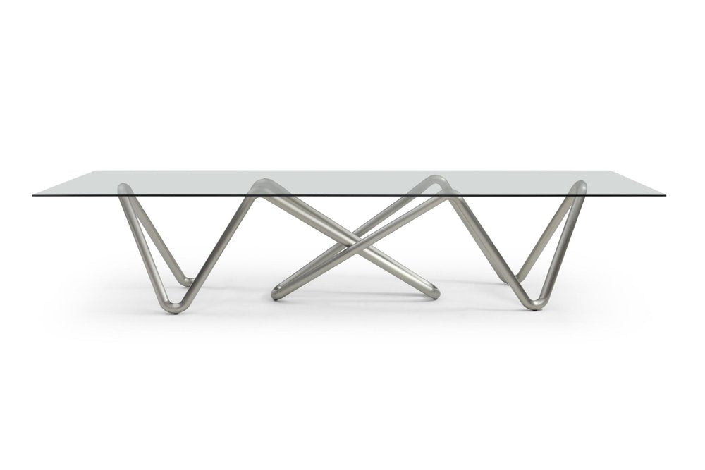 142" Clear And Nickel Glass And Stainless Steel Abstract Base Dining Table HomeRoots