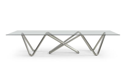 142" Clear And Nickel Glass And Stainless Steel Abstract Base Dining Table HomeRoots