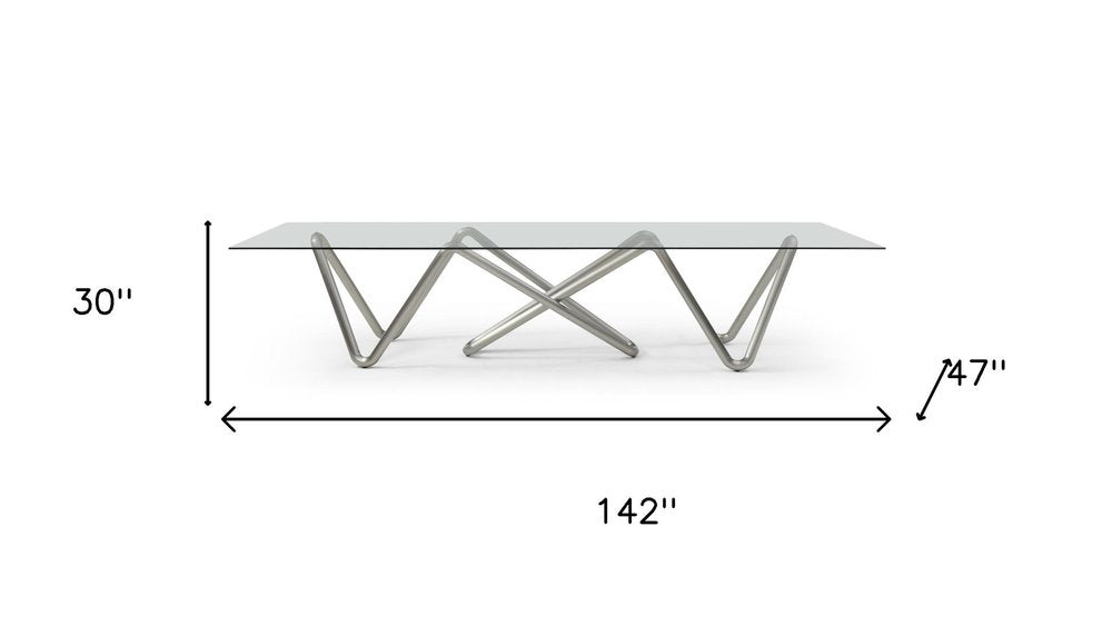 142" Clear And Nickel Glass And Stainless Steel Abstract Base Dining Table — view 7