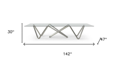 142" Clear And Nickel Glass And Stainless Steel Abstract Base Dining Table HomeRoots