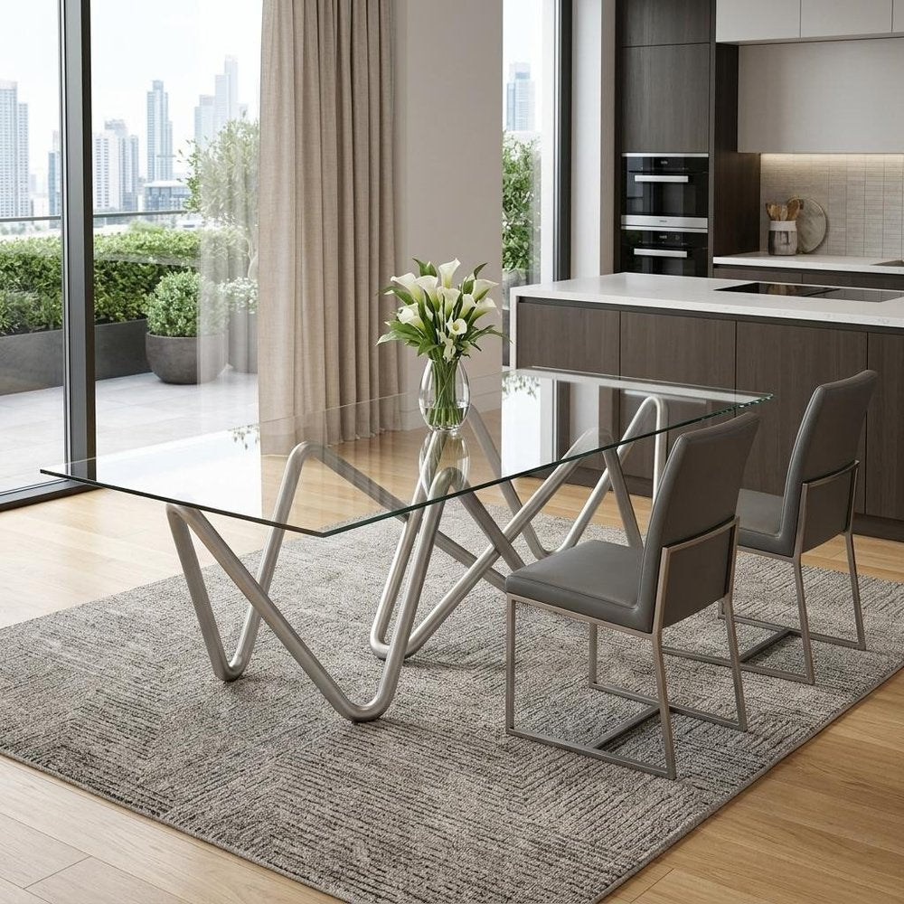 142" Clear And Nickel Glass And Stainless Steel Abstract Base Dining Table — view 1