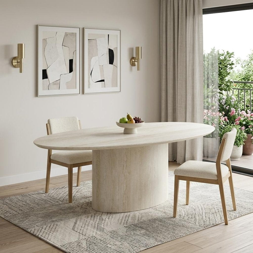 95" Beige Marble Pedestal Base Oval Dining Table — view 1