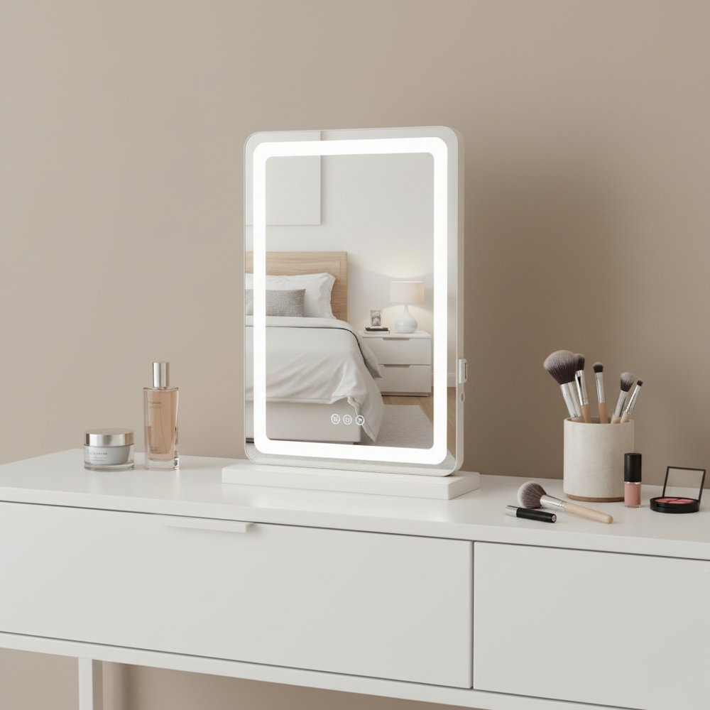 18" Lighted Freestanding Frameless Makeup Shaving Tabletop Mirror With USB HomeRoots
