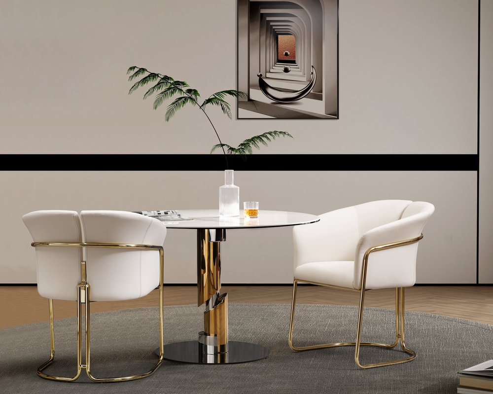 Beige and Gold Faux Leather and Metal Partially Open Back Dining Arm Chair HomeRoots