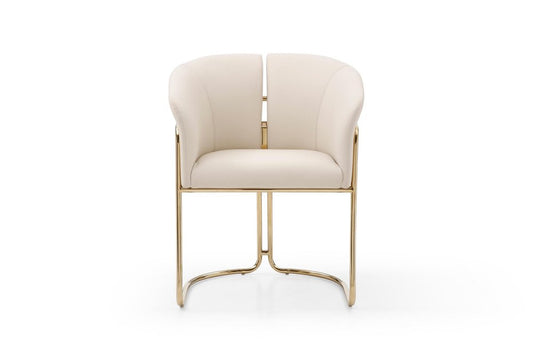 Beige and Gold Faux Leather and Metal Partially Open Back Dining Arm Chair HomeRoots