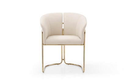 Beige and Gold Faux Leather and Metal Partially Open Back Dining Arm Chair HomeRoots