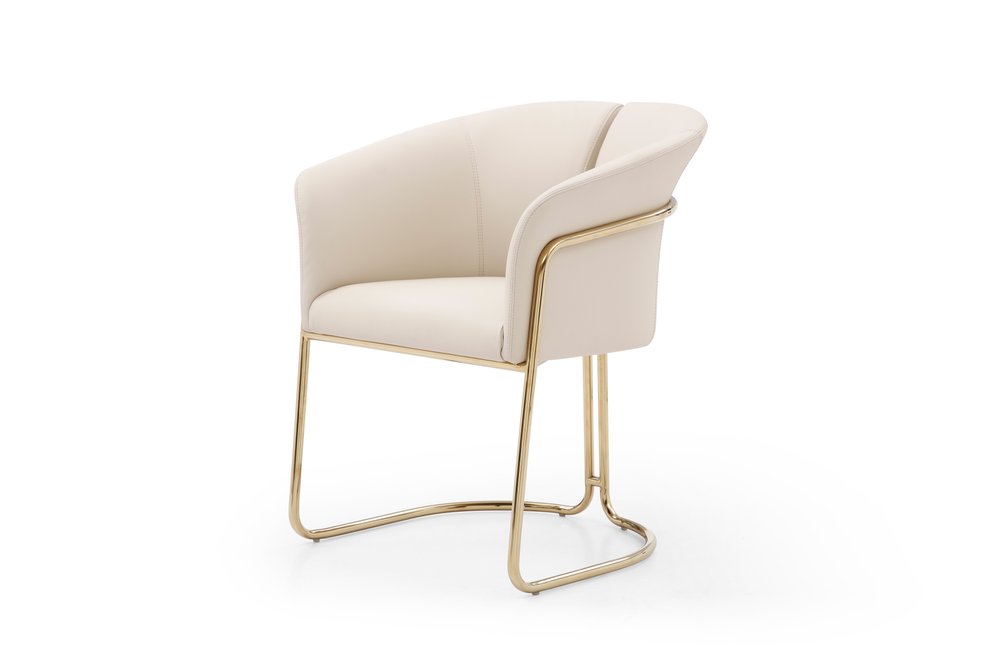 Beige and Gold Faux Leather and Metal Partially Open Back Dining Arm Chair HomeRoots