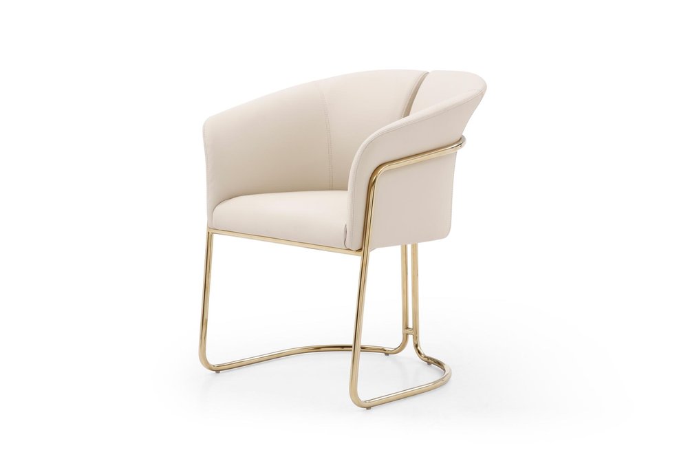 Beige and Gold Faux Leather and Metal Partially Open Back Dining Arm Chair HomeRoots