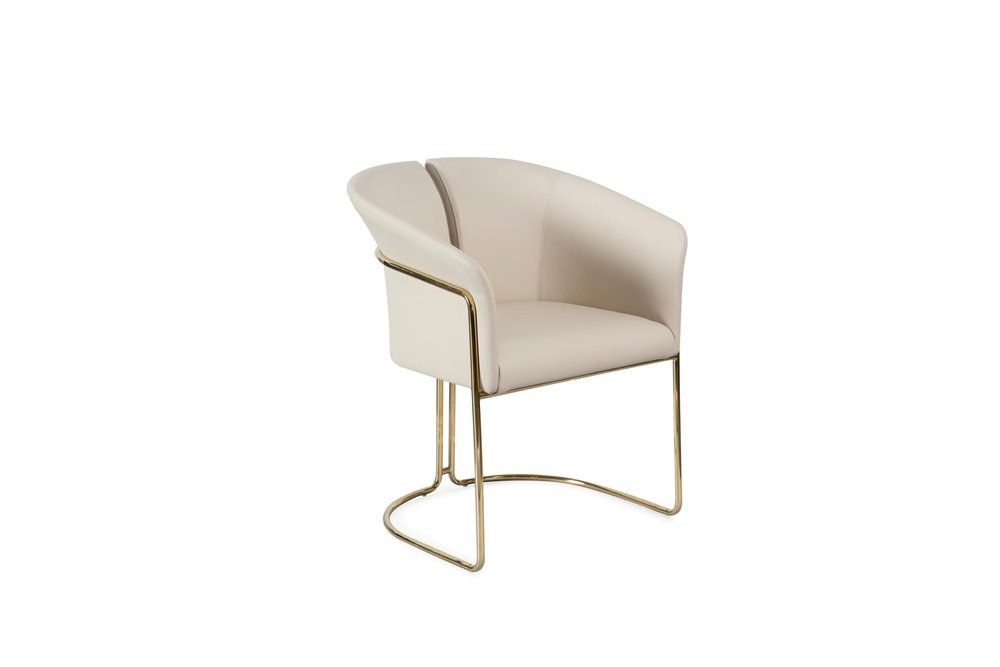 Beige and Gold Faux Leather and Metal Partially Open Back Dining Arm Chair HomeRoots