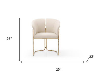 Beige and Gold Faux Leather and Metal Partially Open Back Dining Arm Chair HomeRoots
