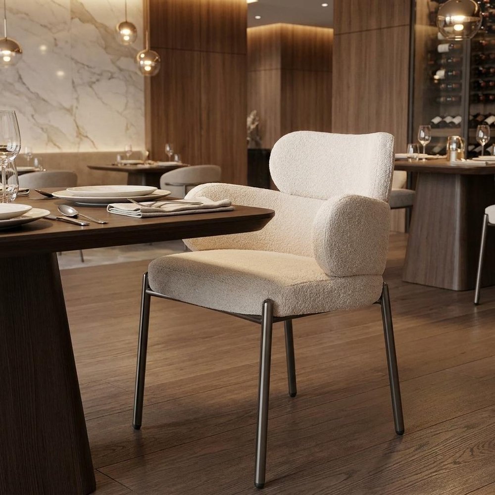 Beige and Gunmetal Boucle and Steel Dining Arm Chair — view 9