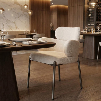 Beige and Gunmetal Boucle and Steel Dining Arm Chair HomeRoots